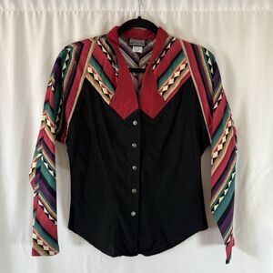 Rough Rider Western Shirt Women's Small Black Red Button Up Long Sleeve Made USA